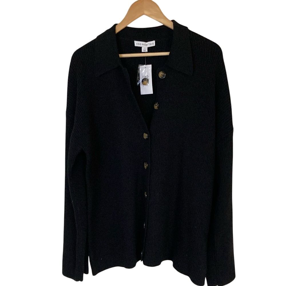 And Now This Womens Black Ribbed Polo Collar Button Front Cardigan Sweater NWT